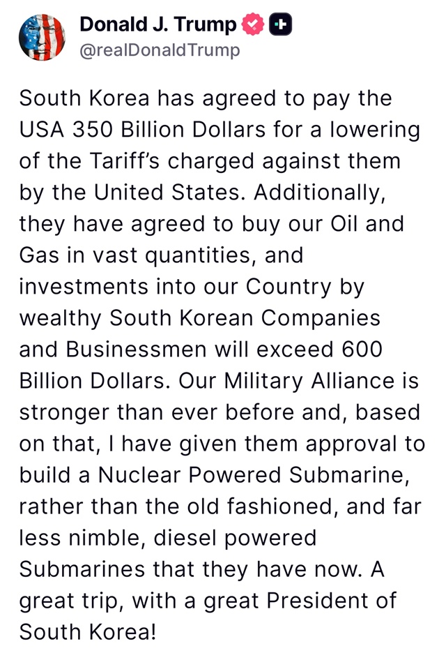 ▲ 도널드 트럼프 미국 대통령 트루스소셜 갈무리. 251030 ⓒrealDonaldTrump