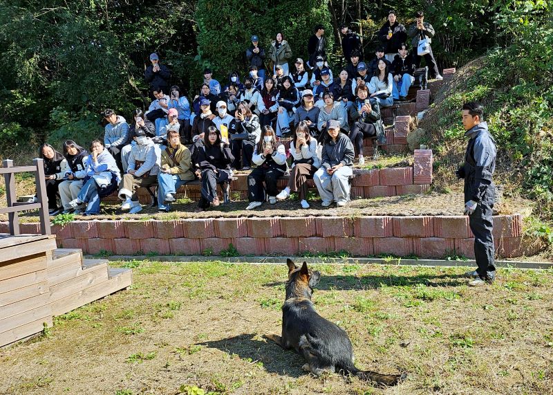 ▲ ‘반려동물과 현대사회’ 수업에서 학생들이 반려견과 함께 교감 수업을 진행하고 있다.ⓒ백석대