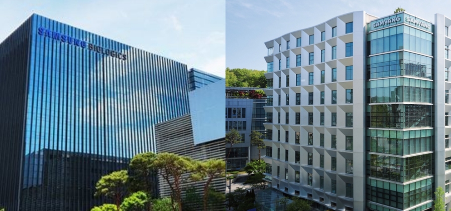 ▲ 삼성바이오로직스 4공장(왼쪽)과 삼양사. ⓒ각 사