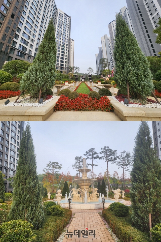 ▲ 신검단 로열파크씨티Ⅱ에 조성된 정원 전경=나광국 기자