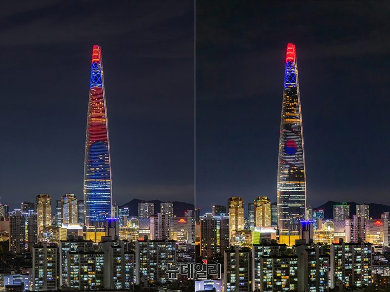 ▲ 지난 8월 광복절을 맞아 태극기가 휘날리는 국경일 콘텐츠로 꾸며진 롯데월드타워 미디어파사드. ⓒ롯데물산