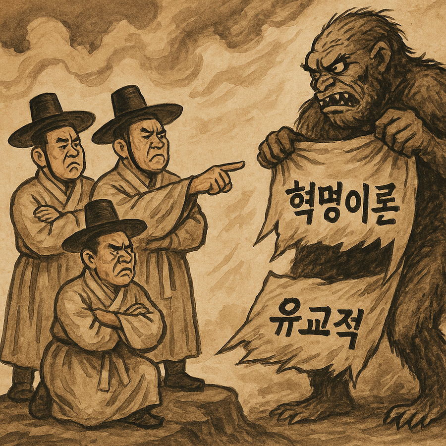 ▲ 챗Gpt가 이 글을 읽고 만든 삽화. 글의 내용을 정확히 파악하고 그린 것 같지는 않다. 챗Gpt가 괴물로 묘사한 586이 화를 내고 있는 부분이 흥미롭다.ⓒ 챗Gpt