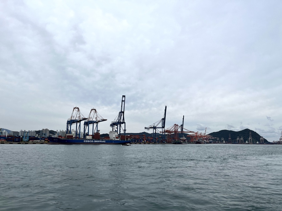 ▲ 페리를 타고 바라본 감만부두 및 신선대부두. ⓒ김보배 기자