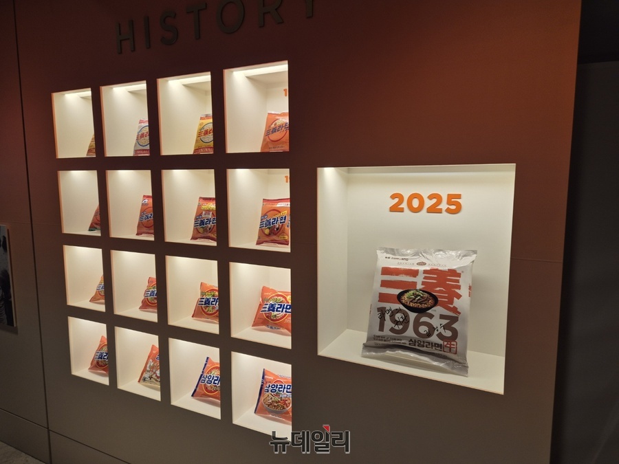 ▲ 삼양라면 패키지 변화. 이번 신제품은 붉은 색과 황금색을 주로 사용했다.ⓒ조현우 기자