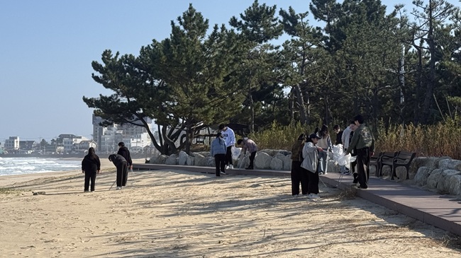 ▲ 강원특별자치도 제2청사가 3일 강원도립대학교 사회봉사센터와 함께 주문진해수욕장 일대에서 '환경정화 활동'을 실시했다. ⓒ강원특별자치도