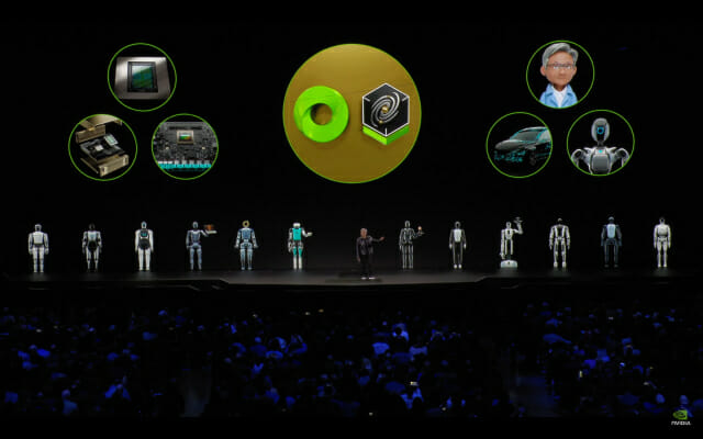 ▲ 젠슨 황 엔비디아 CEO가 올해 초 CES2025 키노트에서 휴머노이드 로봇을 소개하는 모습ⓒ엔비디아