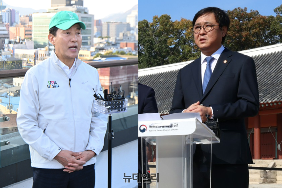 ▲ 7일(좌)오세훈 서울시장과 (우)최휘영 문화체육관광부 장관이 각각 종묘 앞 세운4구역 개발에 대한 입장을 발표하고 있다. ⓒ문화체육광광부·서울시