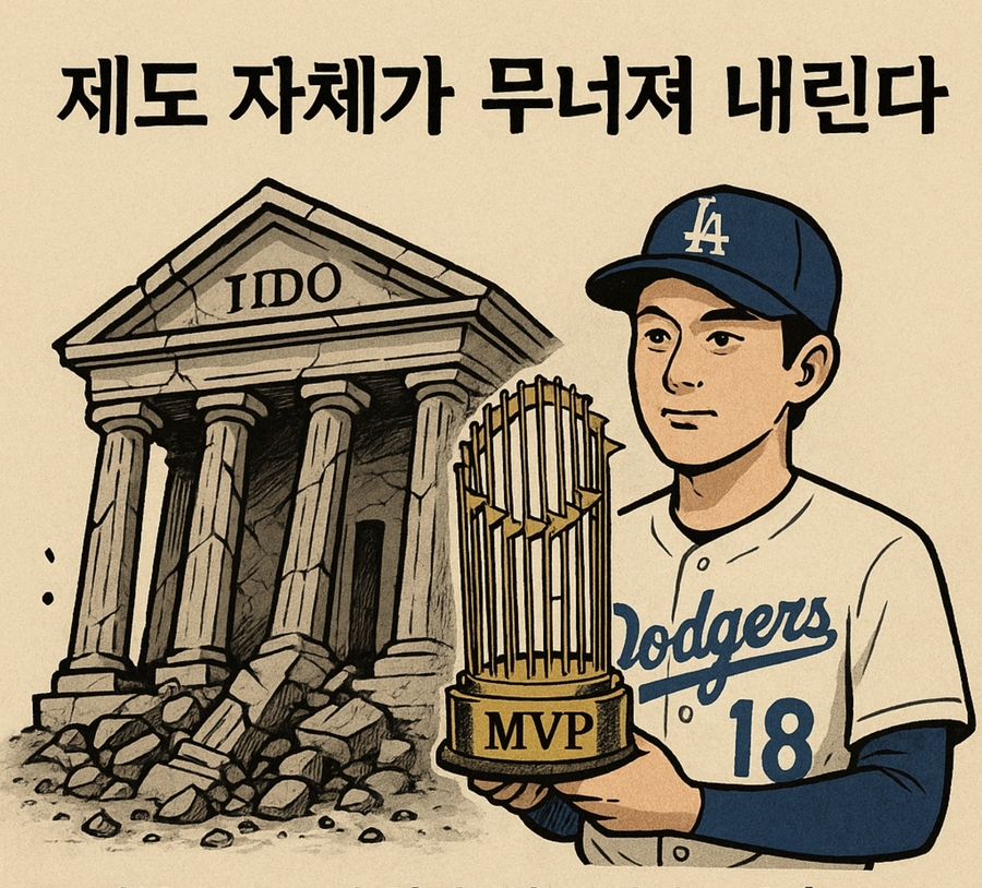 ▲ 재량이 규칙 위에 군림, 한국 체제를 지탱하는 제도 자체가 허물어져 가는 모습을 챗Gpt가 삽화로 그렸다. 어딘가 엉성하다. ⓒ 챗Gpt