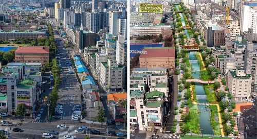 ▲ 인천 부평구 굴포천 복원 전(왼쪽)과 복원 후 전경 ⓒ인천 부평구 제공