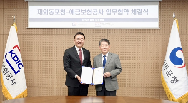 ▲ 예금보험공사는 11월 100일 재외동포청과 국내거주동포 지원활성화를 위한 업무협약을 체결했다.(사진 오른쪽 재외동포청 김경협 청장, 왼쪽 유재훈 사장)ⓒ예금보험공사