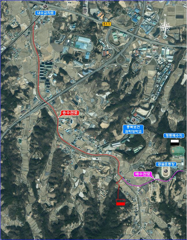 ▲ 덕암배수지 신설공사 송수관로(빨간선).ⓒ청주시