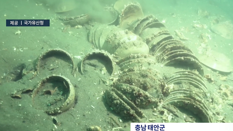 ▲ 충남 태안 마도 해역에서 새롭게 발견된 침몰선 흔적이 발견됐다. 펄 속에서 청자 다발과 목재 선체 조각, 닻 등이 확인돼 높은 관심을 보이고 있다. 이번에 발견된 선박고 청자는 고려·조선시대 연안 뱃길 난파선으로 추정돼 추가 조사가 진행 중이다.ⓒTV 조선뉴스 캡처