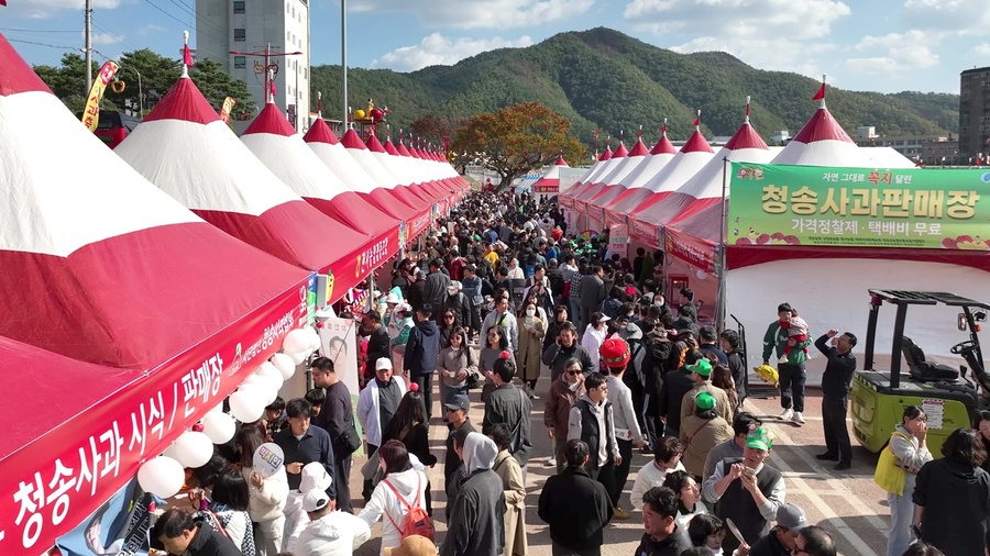 ▲ 청송군(군수 윤경희)은 지난 10월 29일부터 11월 2일까지 열린 제19회 청송사과축제에서 지역민과 방문객의 뜨거운 호응 속에 사과 판매부스 총 매출액 약 10억 원 이상을 기록하며 역대 최대 판매 실적을 달성했다.ⓒ청송군