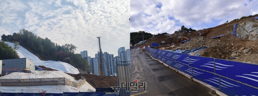 ▲ 현장 인근 도덕산 자락(왼쪽)과 3동 공사현장. ⓒ박정환 기자