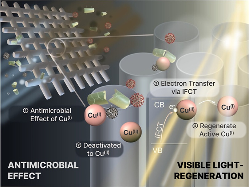 ▲ 가시광선만으로 스스로 재생되는 항균 공기필터 이미지. 이산화티타늄 나노튜브 위에 구리 클러스터를 결합해 세균·바이러스를 빠르게 비활성화하며, 빛을 받아 Cu(I) 활성종을 반복적으로 재생해 장기간 항균력을 유지.ⓒ고려대