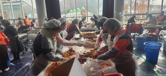 ▲ 평창 진부면 김장 축제장과 연계된 김장 체험 모습. ⓒ평창군