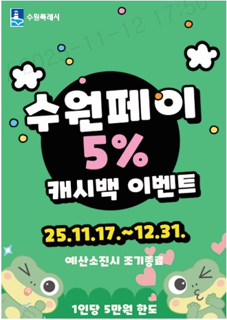 ▲ 수원페이 5% 캐시백 이벤트 홍보물. ⓒ수원시 제공