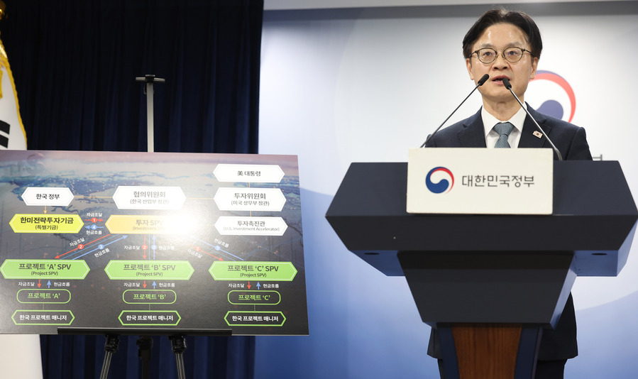 ▲ 김정관 산업통상부 장관과 여한구 통상교섭본부장이 14일 오후 서울 종로구 정부서울청사에서 '한미 관세협상 팩트시트 및 MOU' 관련 브리핑을 하고 있다. 2025.11.14. ⓒ뉴시스