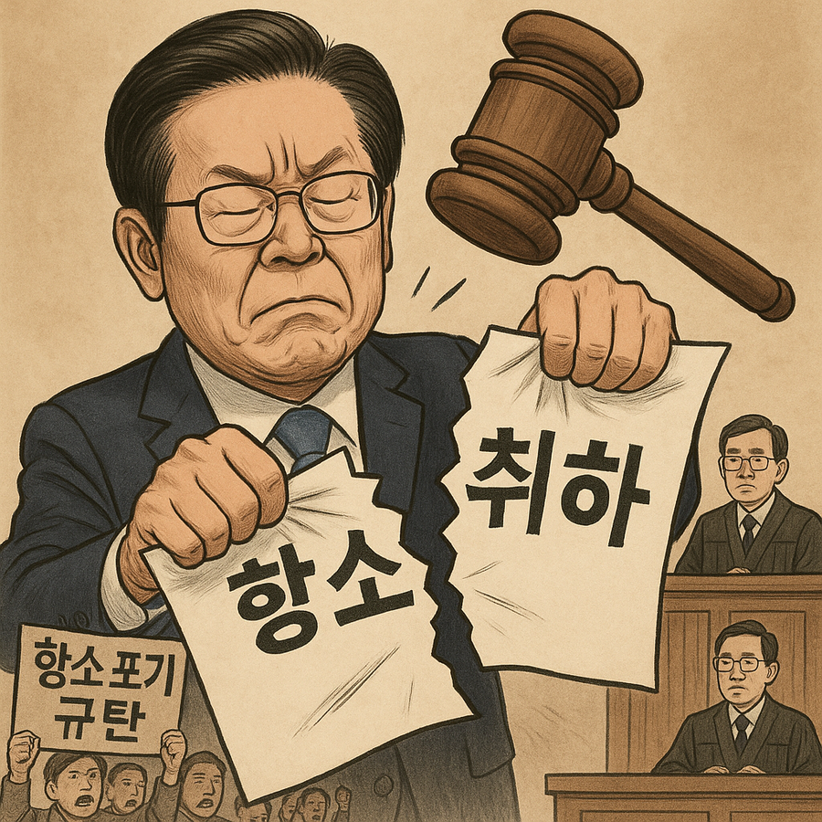 ▲ 이 기사 내용을 바탕으로 챗Gpt가 만든 삽화. 구성이 기사 내용을 100% 정확하게 서술하지는 못했지만, 그럴싸해서 게재한다. 이번 파문의 핵심은 재판중지가 아니라 공소취하다. ⓒ 챗Gpt