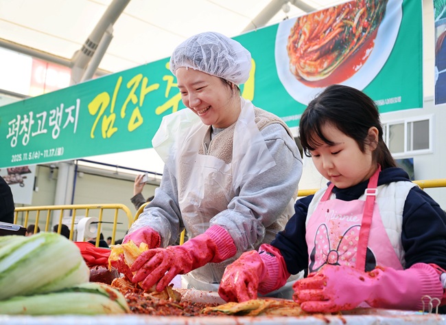 ▲ 축제 마지막날인 17일  강원도 평창군 진부면민체육공원에서  열리고 있는 평창고랭지김장축제를 찾은 모녀가 즐겁게 김장을 담그고 있다. 평창고랭지김장 축제위원회에 따르면 올해로 8회째를 맞는 이번  축제는 6만명의 방문객과 총 30억 원의 매출을 올림으로써  지역경제 활성화에 큰 몫을 담당했다. ⓒ평창군