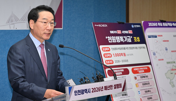 ▲ 유정복 인천시장이 지난 4일 인천시청 브리핑룸에서 인천시 2026년 예산안을 설명하고 있다. ⓒ인천시 제공