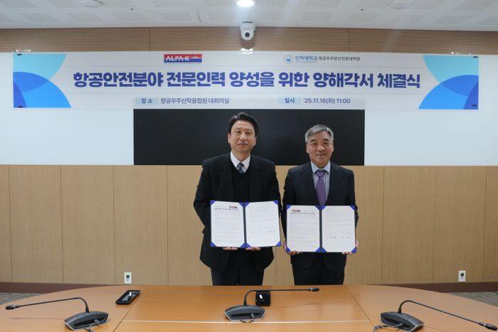 ▲ 이충섭(왼쪽) 한국민간항공조종사협회장과 최기영 인하대 항공우주방산전문대학원장이 항공안전 분야 전문인력 양성을 위한 업무협약을 체결 한 후 기념 촬영을 하고 있다.ⓒ인하대 제공