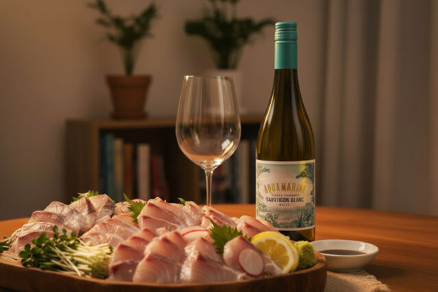 ▲ 방어회와 아쿠아마린 소비뇽 블랑.ⓒ레뱅