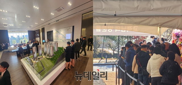 ▲ 단지내 설치된 단지 모형도(왼쪽)와 견본주택 앞 대기줄. ⓒ박정환 기자