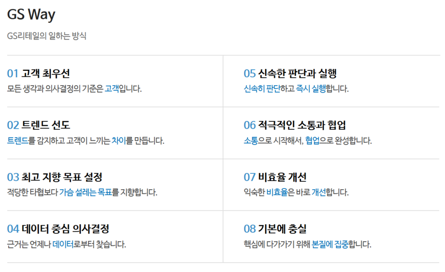 ▲ GS리테일의 일하는 방식. ⓒGS리테일 누리집 갈무리