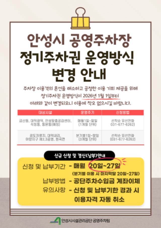 ▲ 정기주차권 운영 방식 변경 안내문ⓒ안성시시설관리공단 제공