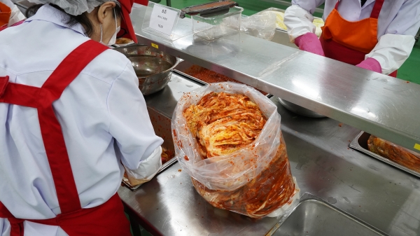 ▲ 김장김치를 담그고 있는 참가자ⓒ최신혜 기자