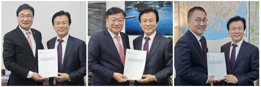 ▲ 조규일 진주시장은 지난 24일 국회를 방문해 지역의 주요 현안사업에 대한 국비 반영을 적극 건의하는 등 국비 확보에 총력을 기울이고 있다. 사진은 좌측부터 김대식,정점식,최형두 국회의원ⓒ진주시