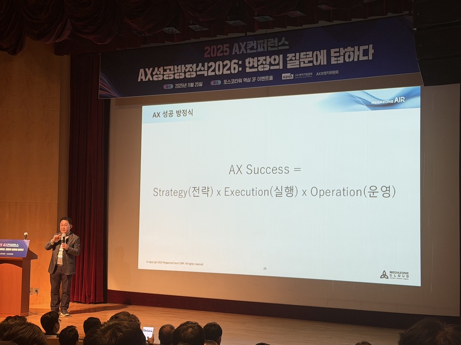 ▲ 공성배 메가존클라우드 부사장이 벤처기업의 성공적인 AI 전환을 위해 ‘AX 성공 방정식’을 제시하고 있다. ⓒ이보현 기자