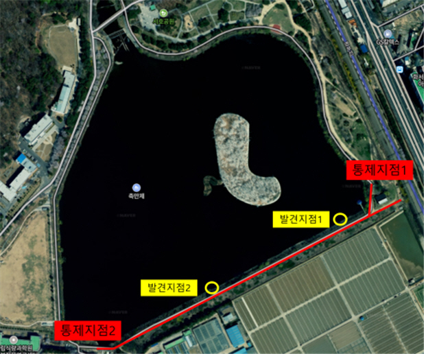▲ 고병원성 조류인플루엔자가 확진된 큰기러기 폐사체 발견 지점. ⓒ수원시 제공