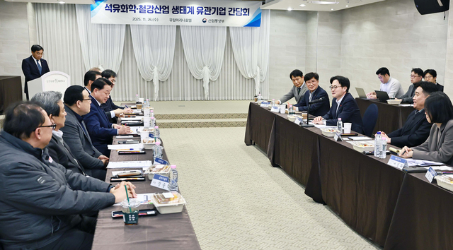 ▲ 김정관 산업통상부 장관이 26일 전남 여수시 유탑마리나호텔에서 '석유화학·철강산업 생태계 유관 기업 간담회'를 주재하고 있다. (사진=산업통상부 제공) 2025.11.26. ⓒ뉴시스