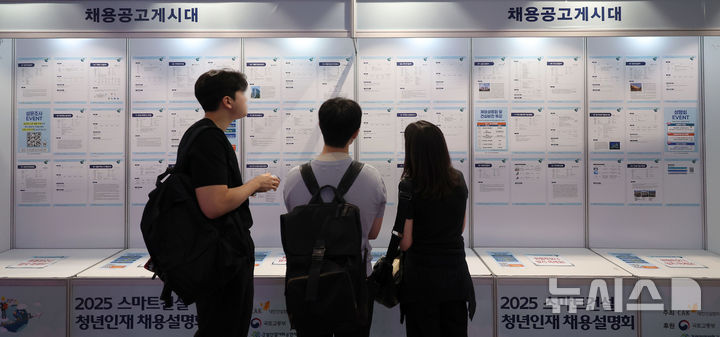 ▲ 지난 9월18일 서울 강남구 건설회관에서 열린 대한건설협회 2025 스마트건설 청년인재 채용설명회에서 청년 구직자들이 채용공고 게시대를 살펴보고 있다. ⓒ뉴시스