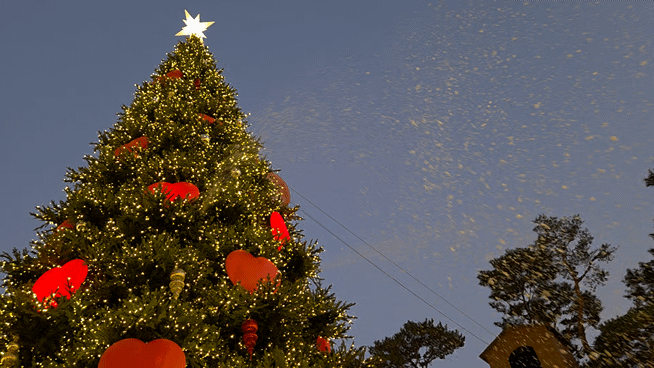 ▲ 크리스마스 마켓 내 초대형 트리에서 스노우쇼가 펼쳐지고 있다. ⓒ남수지 기자