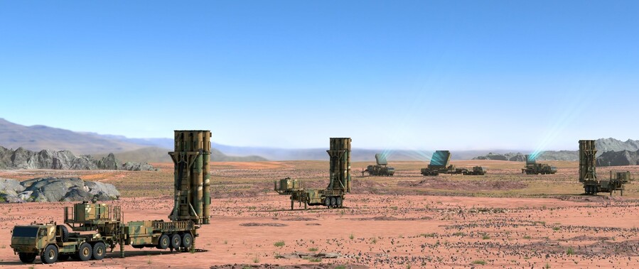 ▲ L-SAM 발사대와 L-SAM 다기능 레이다가 배치된 모습 ⓒ한화에어로스페이스