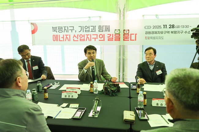 ▲ 김진태 강원특별자치도지사가 28일 강원경제자유구역 북평지구에서 입주기업 6개사의 대표들과 현장 간담회를 개최하고 기업들의 의견을 직접 청취했다. ⓒ강원특별자치도