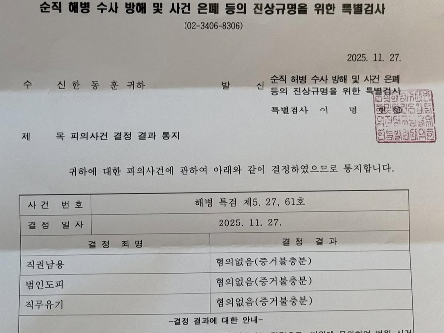 ▲ 한동훈 전 국민의힘 대표가 지난 11월 30일 밤 자신의 페이스북에 올린 순직 해병 특검의 '혐의 없음' 결정 통지서. ⓒ한동훈 페이스북 캡쳐