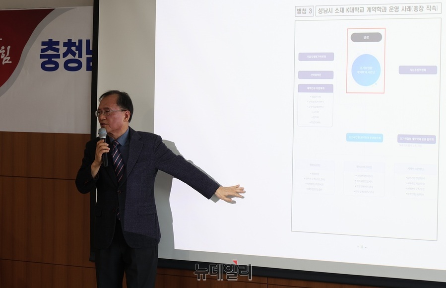▲ 승융배 충남RISE센터장이 1일 도청에서 열린 충남RISE위원회에서 교육부 평가 인센티브 54억 원의 집행 방안을 담은 ‘라이즈 재정 인센티브 집행안’ 등에 관해 설명하고 있다. ⓒ김정원 기자