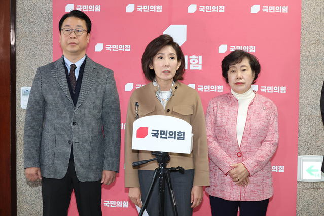 ▲ 국회 법제사법위원회 나경원 국민의힘 의원 및 위원들이 1일 국회에서 법안심사1소위원회의 내란전담재판부 구성 의결 관련 기자회견을 하고 있다. ⓒ이종현 기자