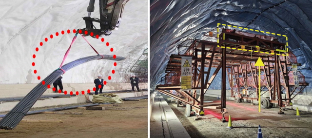 ▲ 터널공사 현장에서 중장비를 이용해 자재를 옮기는 모습(왼쪽)과 작업대차에 설치한 양중리프트를 이용중인 모습 비교사진. ⓒ롯데건설