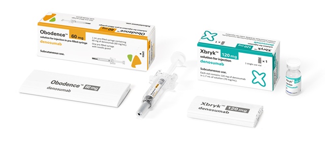 ▲ 골 질환 치료제 '오보덴스(좌)'와 '엑스브릭'. ⓒ삼성바이오에피스