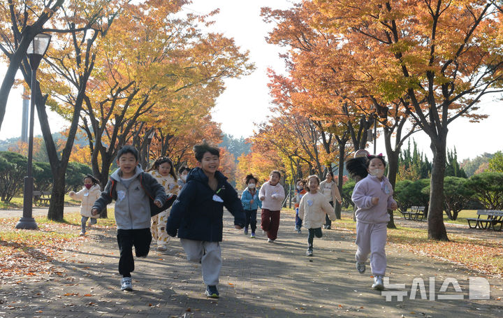 ▲ 지난달 5일 오전 울산 남구 문수체육공원을 찾은 울주군 꿈쟁이 어린이집 원생들이 단풍길을 질주하고 있다. ⓒ뉴시스