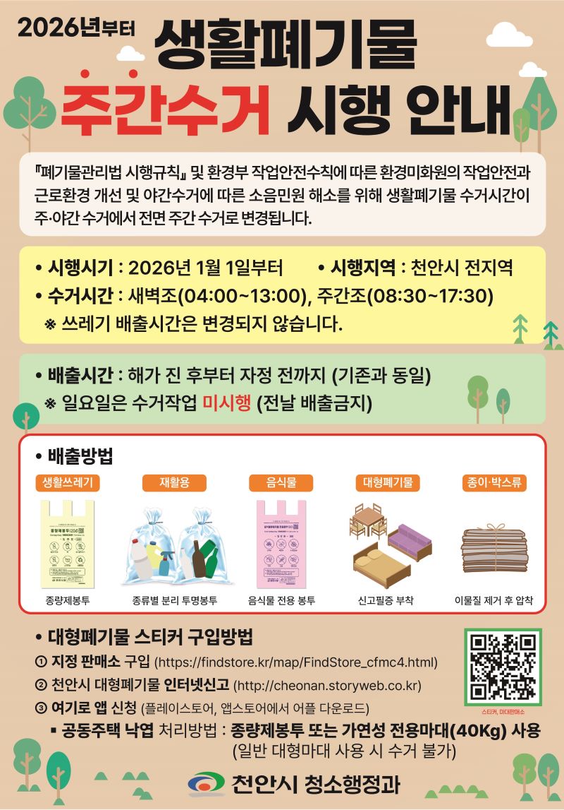 ▲ 생활폐기물 야간 수거 폐지 안내문.ⓒ천안시