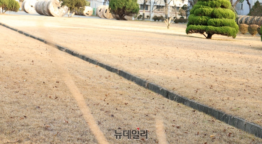 ▲ A전선이 수십 년간 산지가 훼손된 채 잔디밭으로 전용해 사용하다가 예산군이 산지법위반으로 복구명령을 했지만, 수로 우측에는 전혀 복구가 이뤄지지 않았다.ⓒ뉴데일리