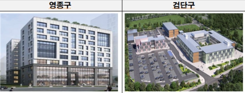 ▲ 인천 영종구(왼쪽),  검단구 임시청사 조감도ⓒ인천시 제공