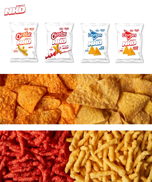 ▲ 왼쪽이 기존 도리토스와 치토스, 오른쪽이 무색소 제품인 심플리 NKD(Simply NKD) 제품군이다. ⓒ펩시코