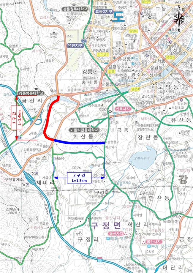 ▲ 회산동 강변도로 우회도로 개설공사 위치도. ⓒ강릉시